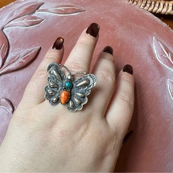 Spiny Oyster & Turquoise Butterfly Statement Ring925 SterlingSize 8